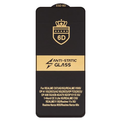 Защитное стекло ESD 6D для Realme C67 4G, C71; Vivo Y31 5G 2025 ; Motorola Moto G05, Moto G17; Oppo A5, совместимо с чехлом, Full Glue, Anti Static, без упаковки , черный