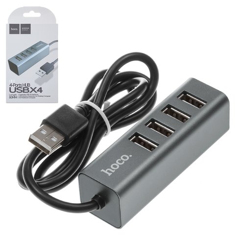 Concentrador USB Hoco HB1, USB tipo A, 80 cm, 4 puertos, gris, #6957531038139