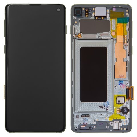 LCD compatible with Samsung G973 Galaxy S10, green, with frame, Original, service pack  #GH82 18850E GH82 18835E