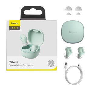 Headphone Baseus WM01, wireless, vacuum, green, with charging case, with USB cable Type C  #NGTW240006 NGWM01 06