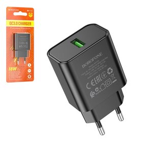 Мережевий зарядний пристрій Borofone BA72A, 18 Вт, Quick Charge, чорний, 1 порт, #6974443388541